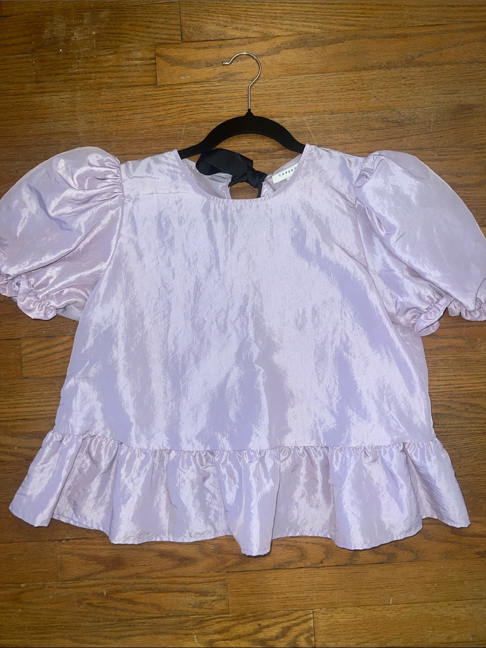 Topshop Lilac Purple Exaggerated Puff Shoulder Peplum Top Open Tie Back Sz 6